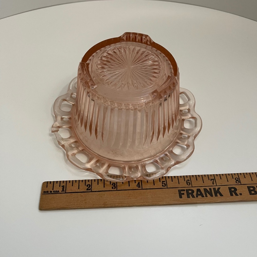 Vintage Pink Depression Glass Open Lace Edge Bowl Ribbed Starburst Planter FLAW - Picture 6 of 7